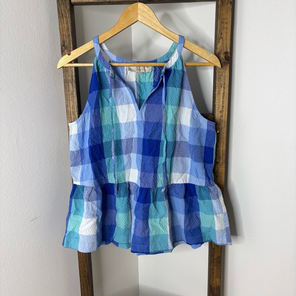 LOFT Blue Plaid Peplum Tank Top Size M